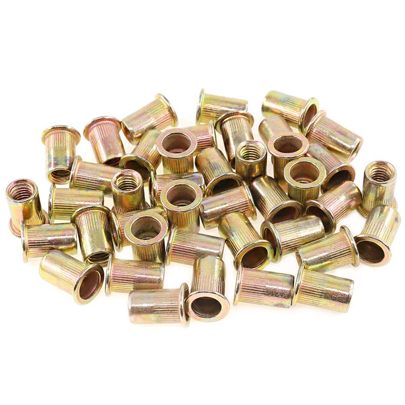 Keadic 100Pcs M8 Rivet Nuts Metric Zinc Plated Rivet Nut Carbon Steel Rivet Nut Flat Head Threaded Insert Kit Threaded Rivet Insert Nutsert Rivnuts Kit for Furniture - Image 1